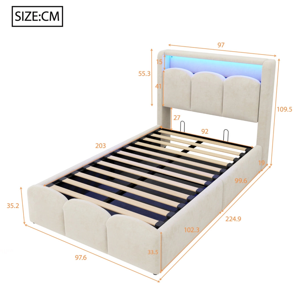 Letto singolo imbottito IVMEU 90x200 cm con contenitore idraulico, LED e prese USB e Type-C, velluto beige