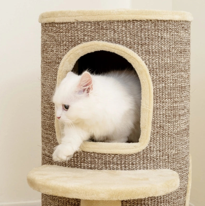 Tiragraffi a botte per gatti a 2 livelli con piattaforma, beige e marrone