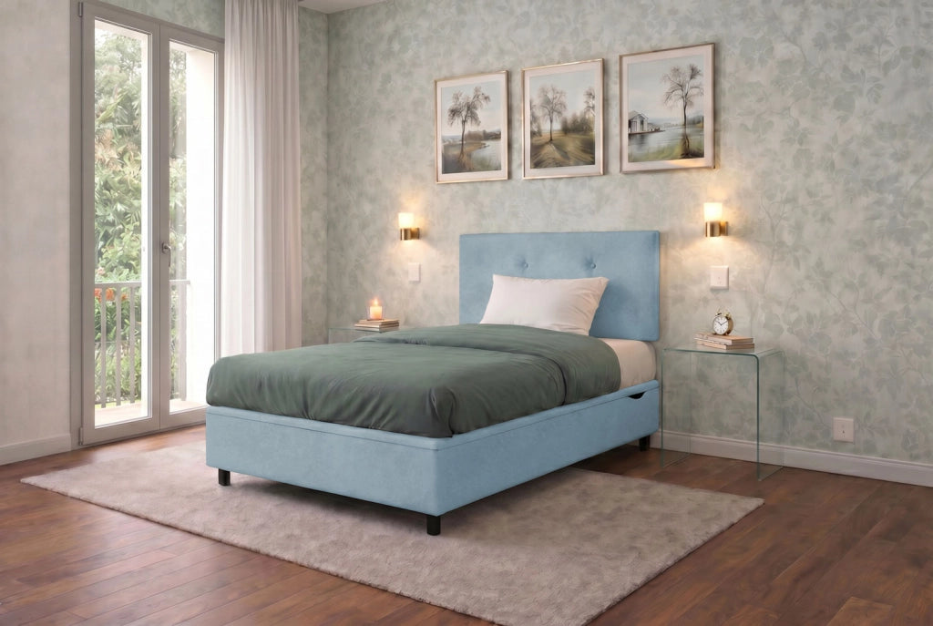 Letto Singolo Contenitore Imbottito 80x200 cm Microfibra Azzurro BoxMax Testata Button