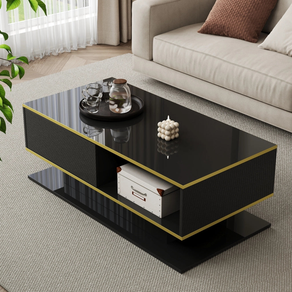 Tavolino da caffè LED 100x50x40 cm nero e oro con 3 cassetti