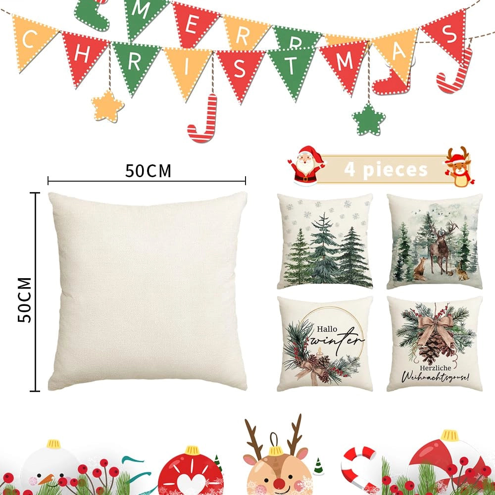 Set di 4 federe natalizie, 45x45 cm, in lino
