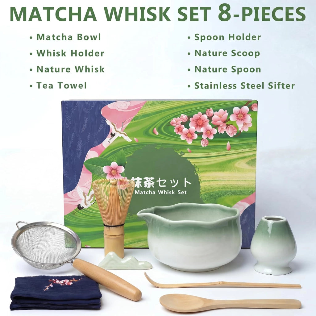 Set da tè Matcha da 8 pezzi, completo di frustino, ciotola e decorazione sfumata verde