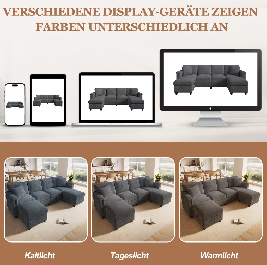 Divano modulare in ciniglia grigio con due pouf contenitore