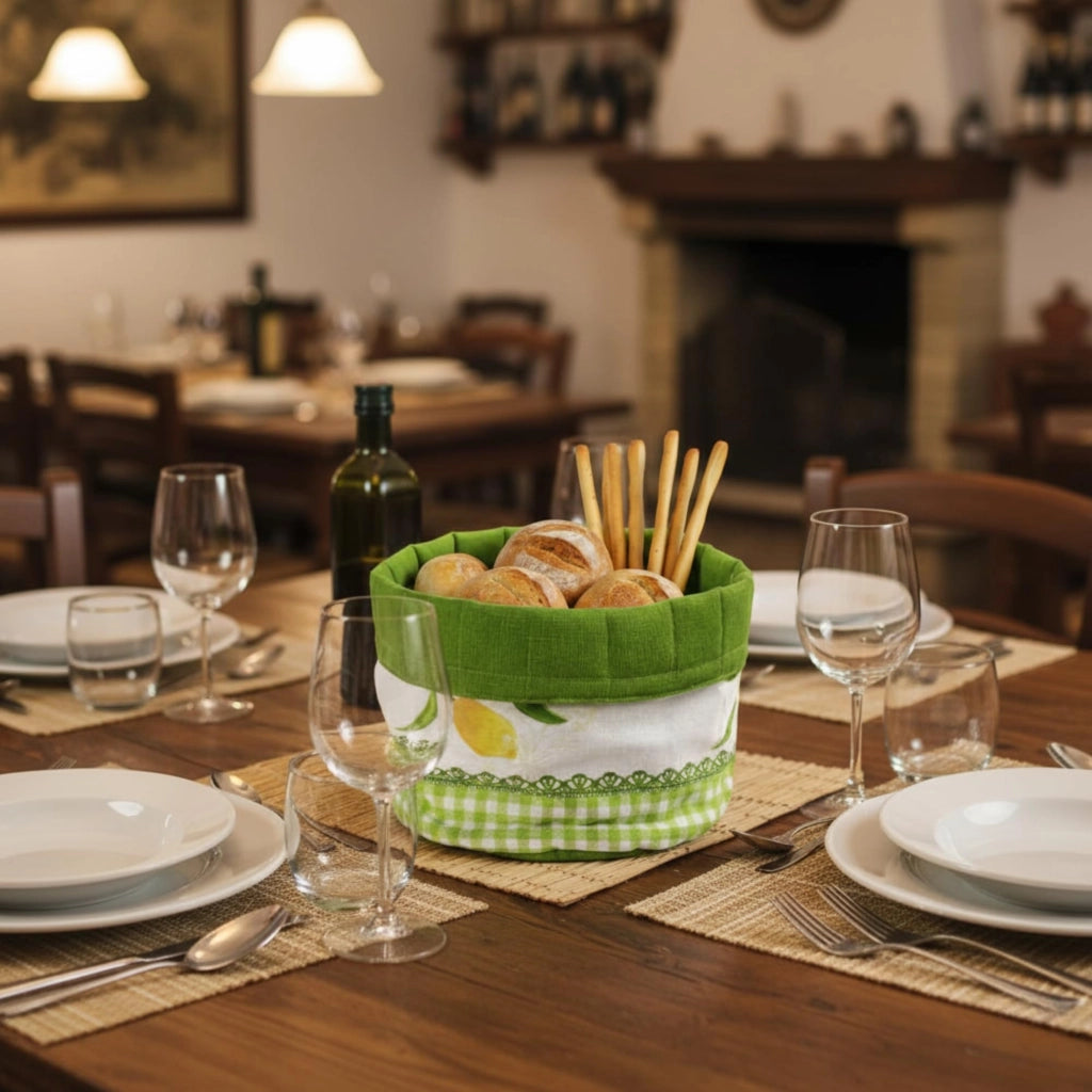 Cesto per pane in tessuto di cotone, 19 x 19 cm, verde, riutilizzabile
