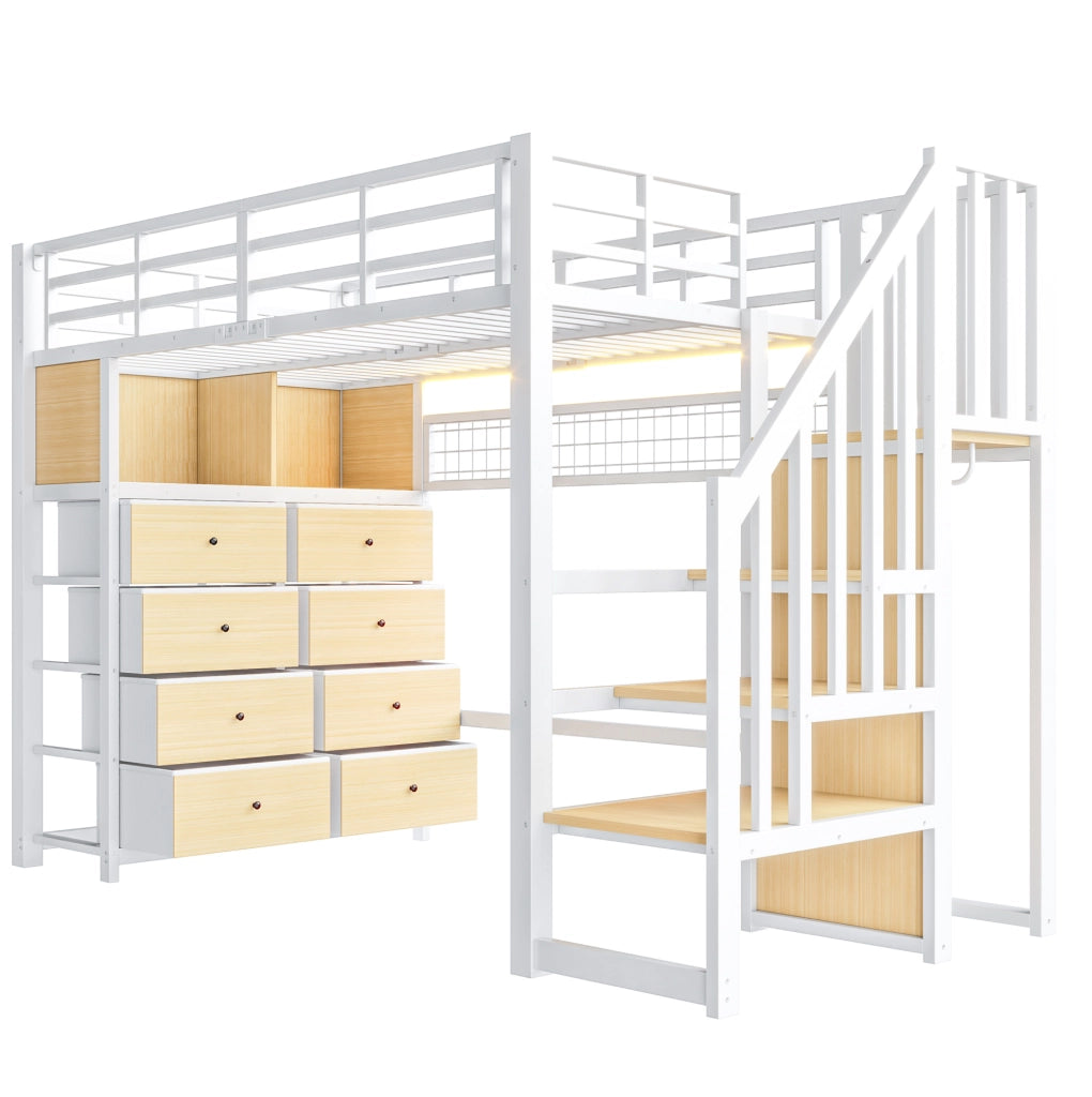 Letto a soppalco bianco 90 x 200 cm con 8 cassetti, scaffali e illuminazione