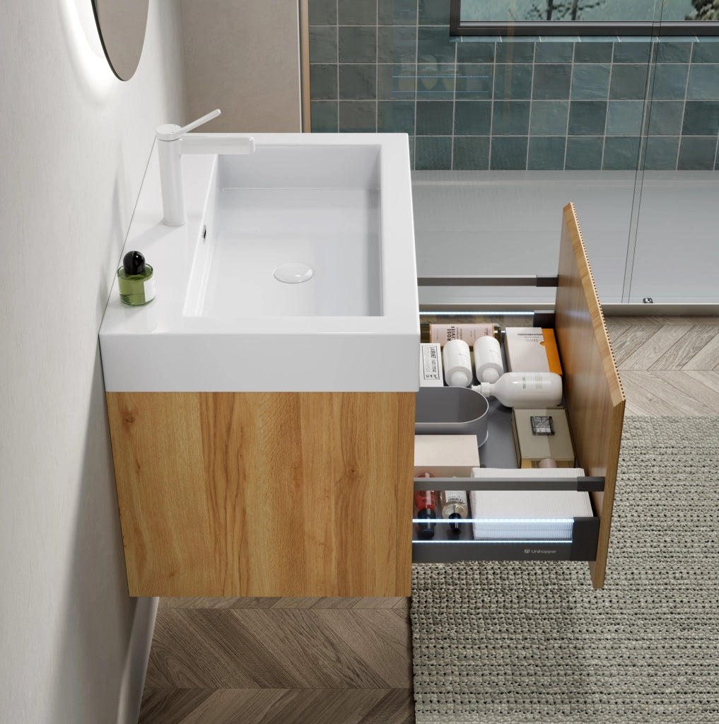 Mobile bagno sospeso 70 cm con lavabo integrato in resina bianca e corpo in compensato effetto quercia naturale