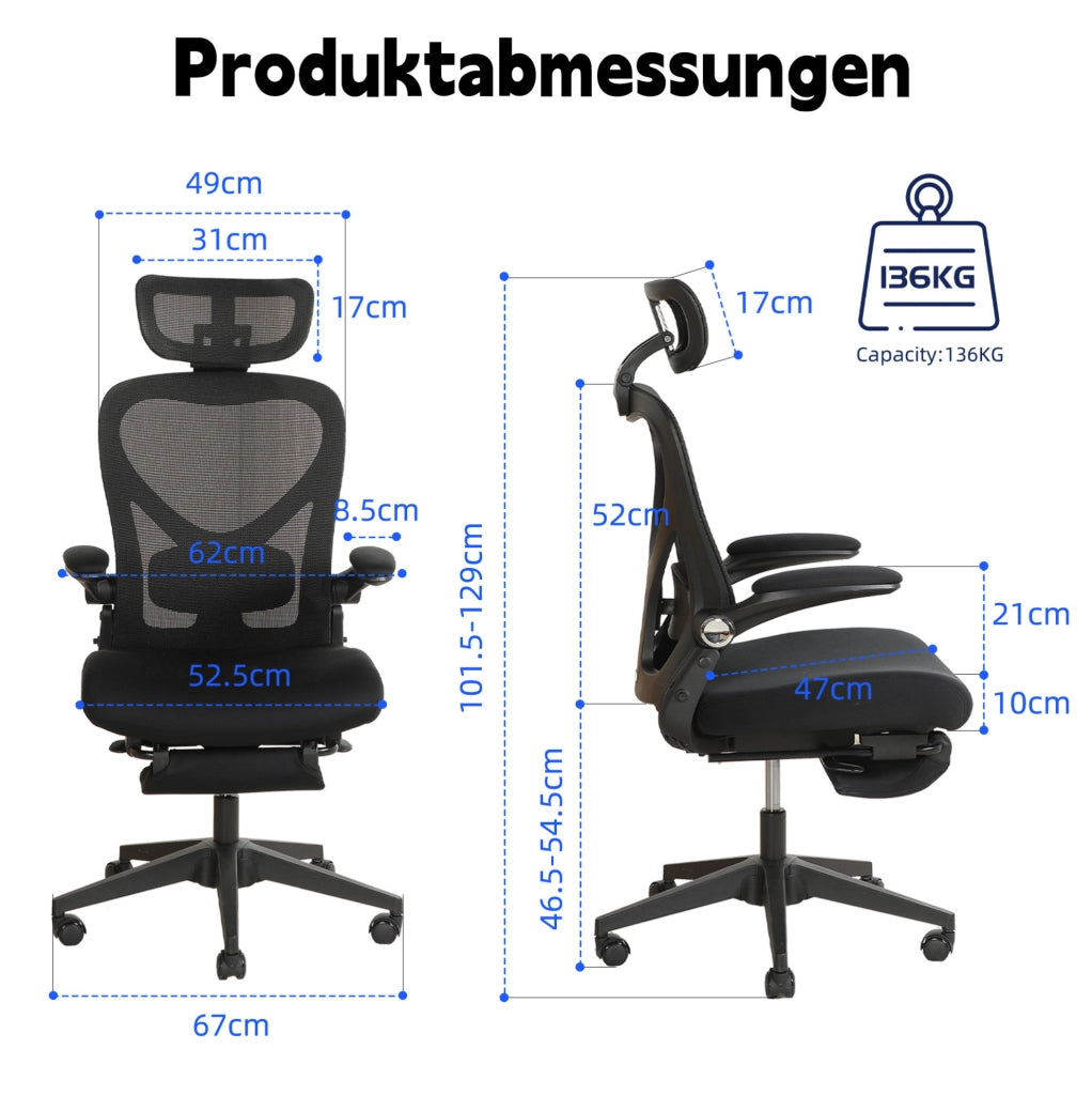 Sedia da ufficio ergonomica 62 x 48,5 x 129 cm nera, seduta in schiuma pieghevole