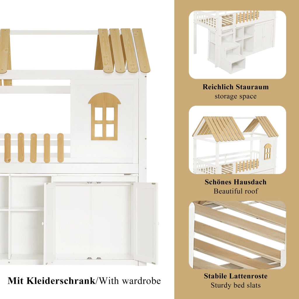 Letto a soppalco per bambini 90 × 200 cm con armadio e ripiani in legno bianco e naturale con finestra
