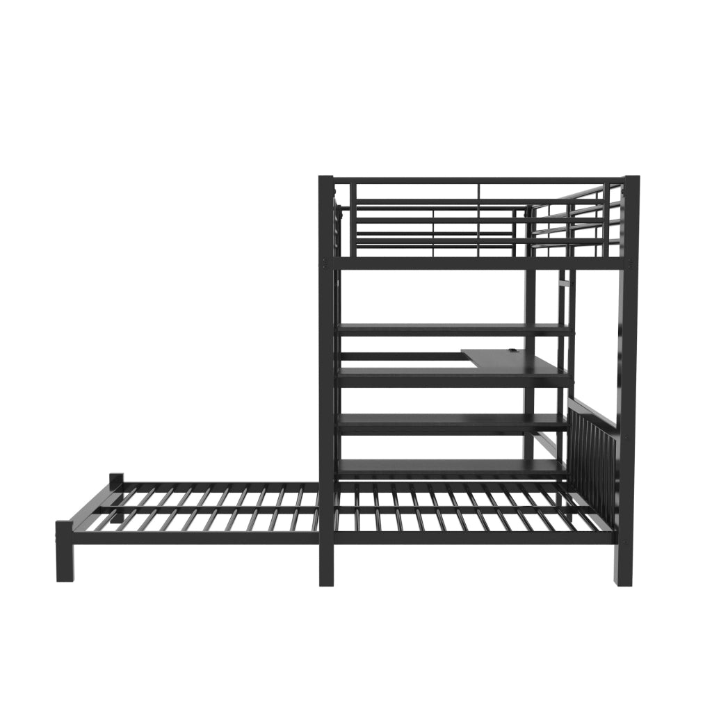 Letto a Castello Matrimoniale 90x200 cm con Scrivania e Porte USB Nero in Ferro e MDF