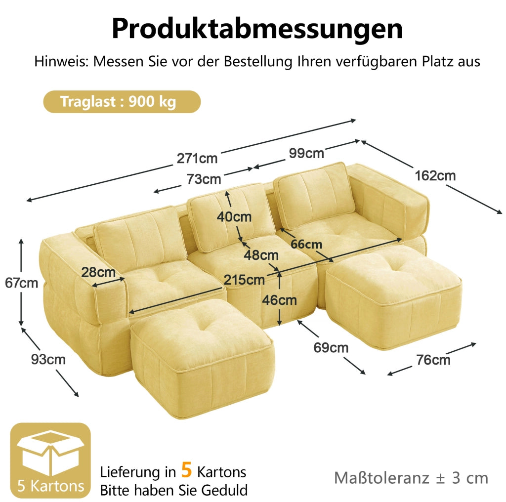 Divano modulare giallo in poliestere con pouf, 271 x 162 x 67 cm