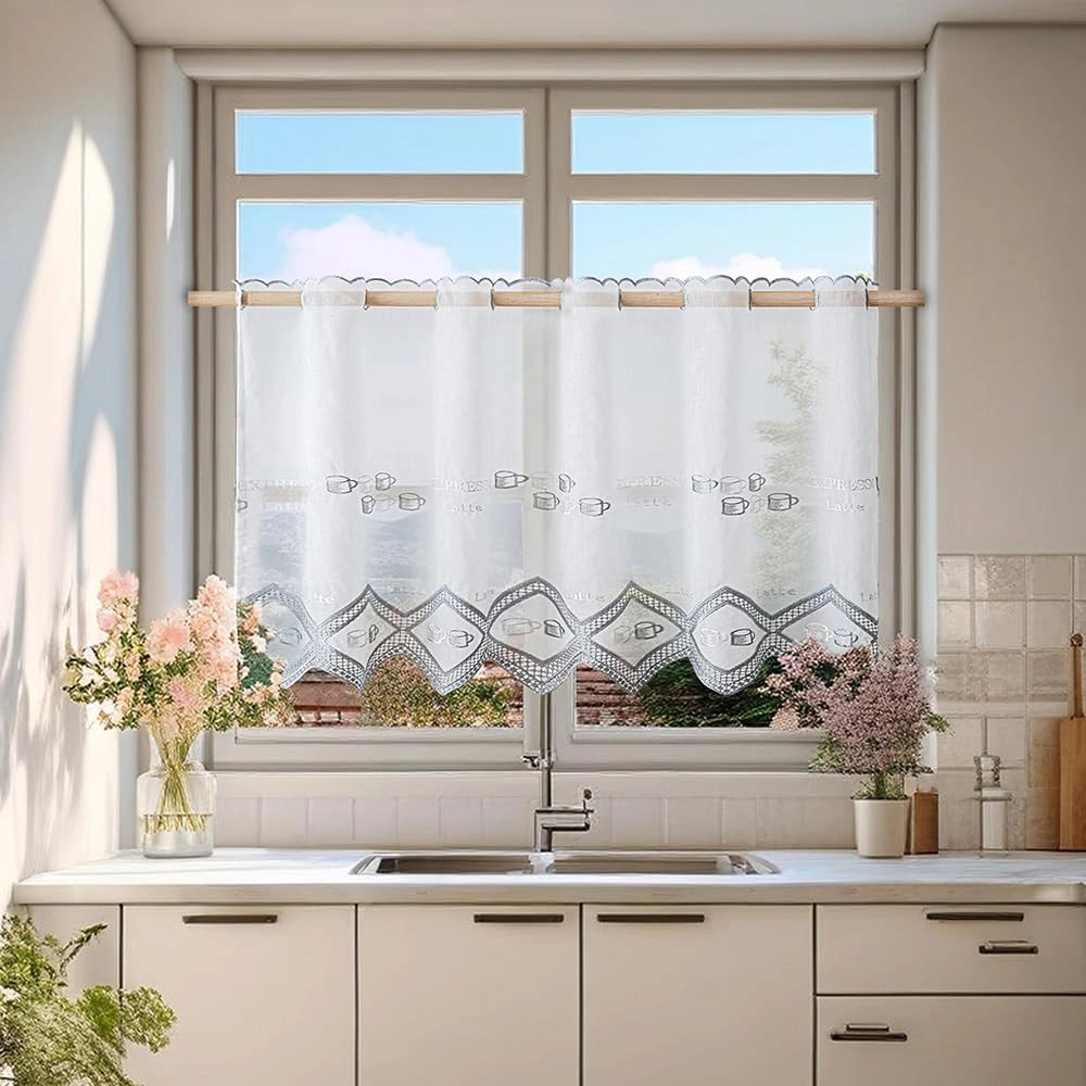 Telo da tavolo da bistrot con motivi a tema caffè, 200x80 cm, colore grigio, in poliestere