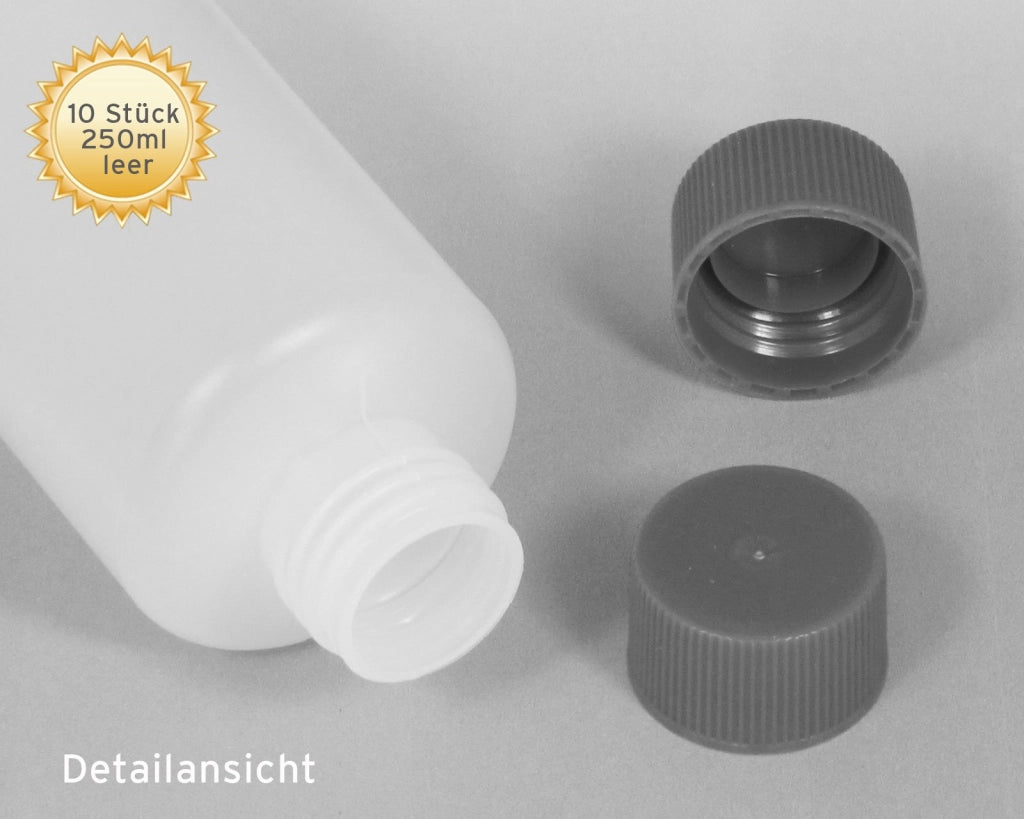 10 flaconi in HDPE vuoti da 250 ml con tappi blu + etichette