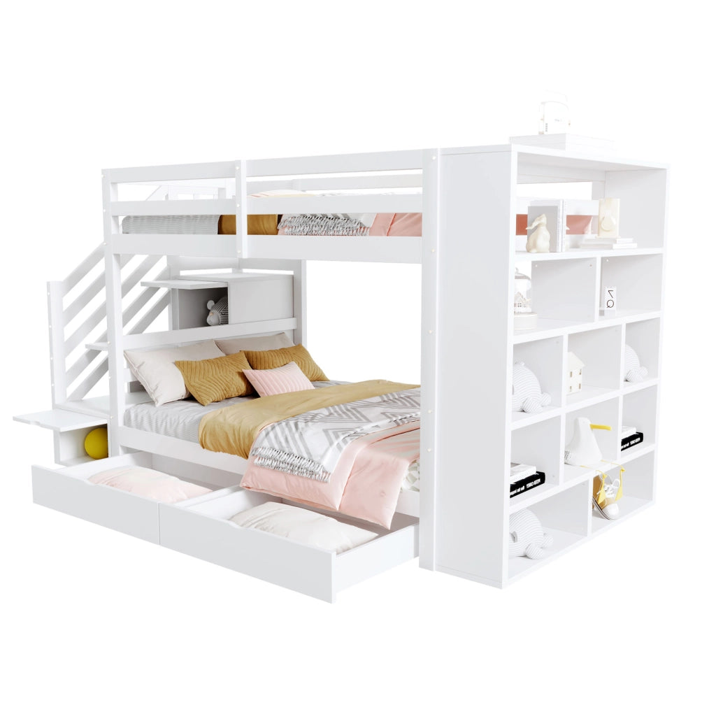 Letto a castello 90x200 bianco in pino con contenitori e 2 materassi