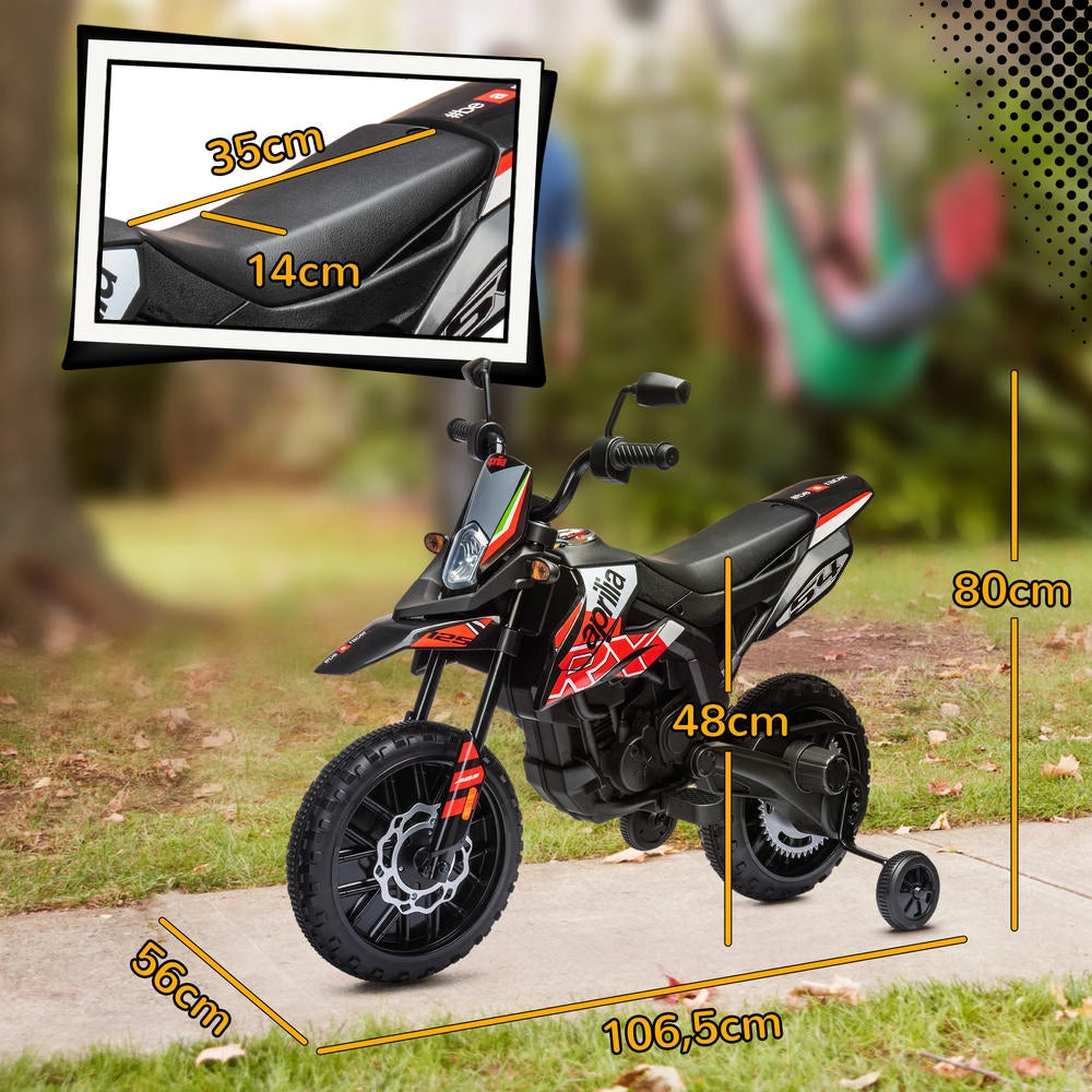 Moto elettrica per bambini Aprilia con licenza ufficiale, 2 motori 12V, luci LED, musica, rotelle rimovibili, rosso