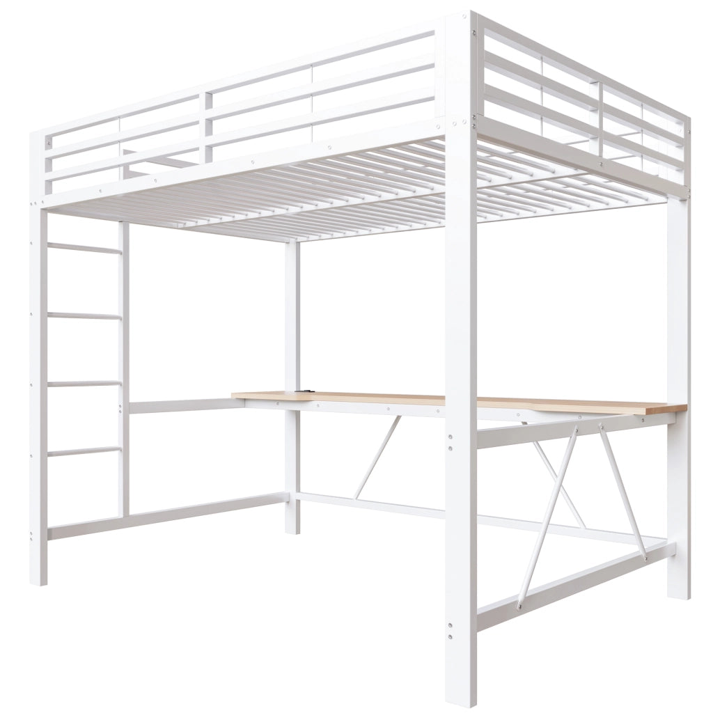Letto a soppalco 140 × 200 cm con scrivania e led in metallo e MDF bianco con sponde di protezione