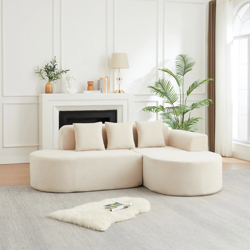 Divano modulare a L in velluto a coste beige con chaise longue
