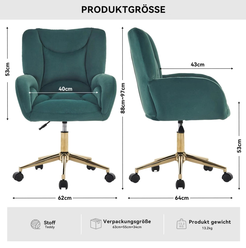 Sedia da ufficio ergonomica 64 x 62 x 97 cm, velluto verde, altezza regolabile, ruote