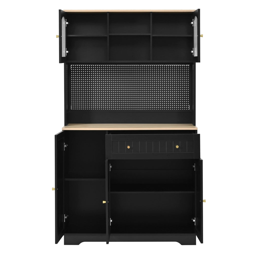 Credenza alta nera con vetrina, ripiani regolabili e pannello forato, 103,5 x 40 x 180 cm