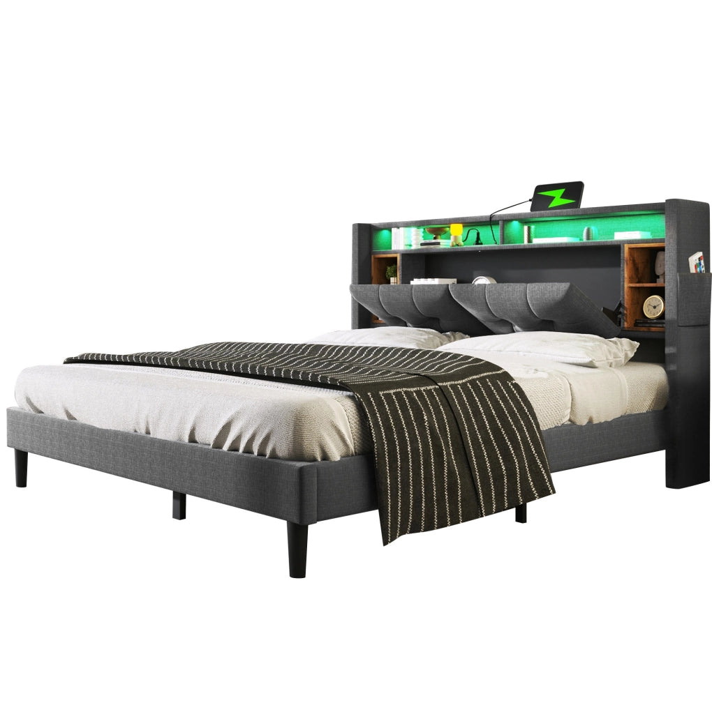 LETTO Imbottito 160x200 cm grigio con testiera contenitore, prese USB e LED