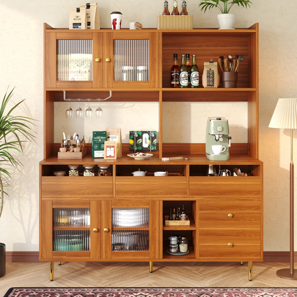 Credenza alta 145 × 39 × 171 cm in MDF marrone noce con porta in vetro scanalato portabottiglie cassetti e ripiani