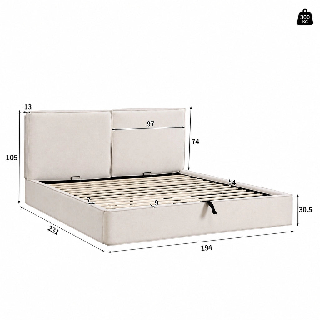 Letto matrimoniale 180 x 200 cm, letto contenitore con sollevamento idraulico, testiera in ciniglia beige