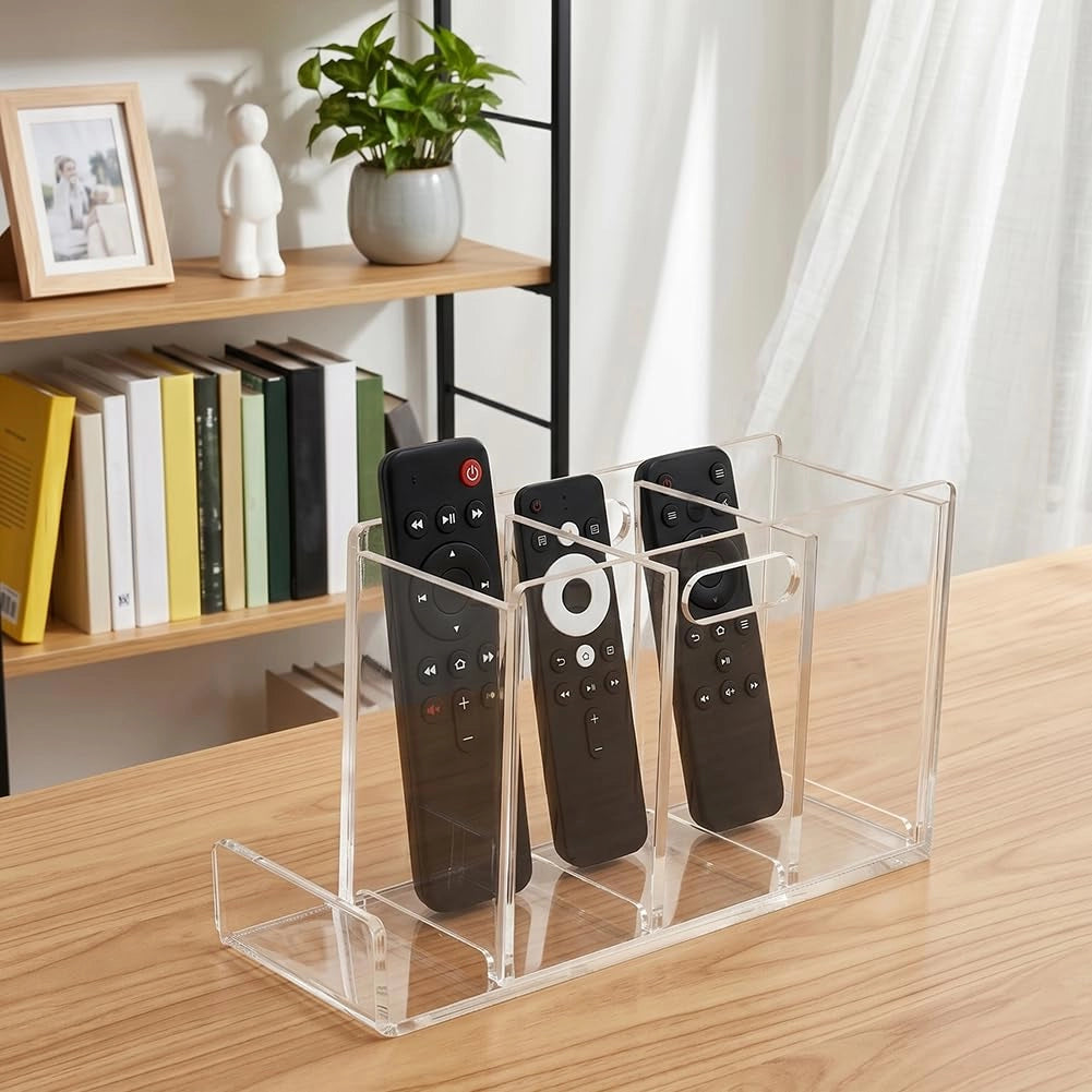 Supporto in acrilico per telecomandi, con 3 scomparti, dimensioni 18,5x7,2x10 cm