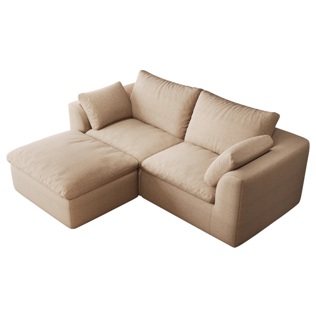Divano angolare 3 posti 180x155x83 cm in tessuto di lino kaki con imbottitura in schiuma