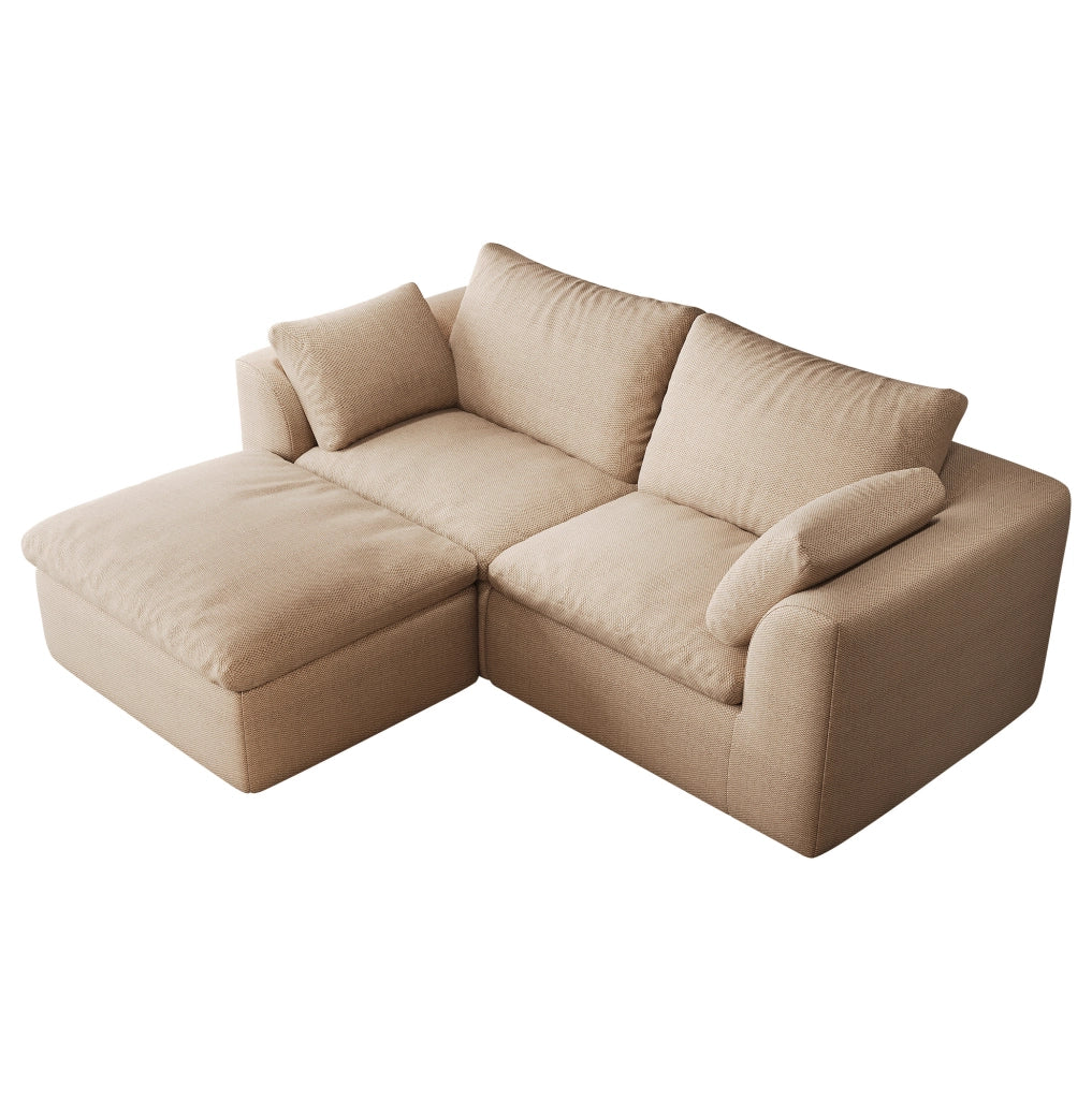 Divano angolare 3 posti 180x155x83 cm in tessuto di lino kaki con imbottitura in schiuma