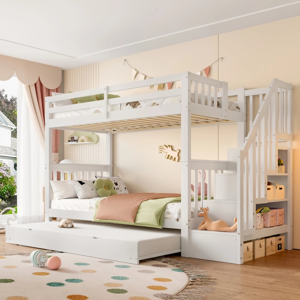 Letto a castello 90x200 cm con letto estraibile e scala bianco