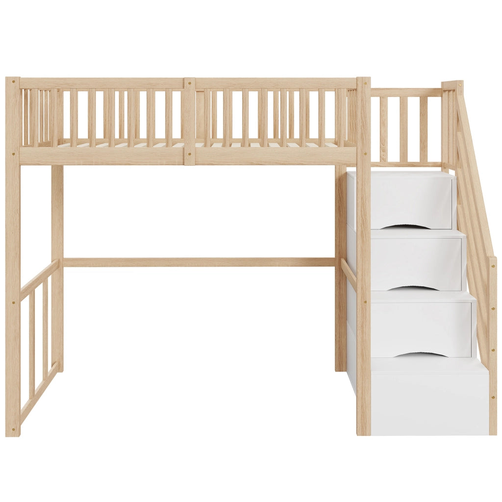 Letto a soppalco 90x200 cm in legno di pino con scala contenitore; parapetti e spazio sottostante