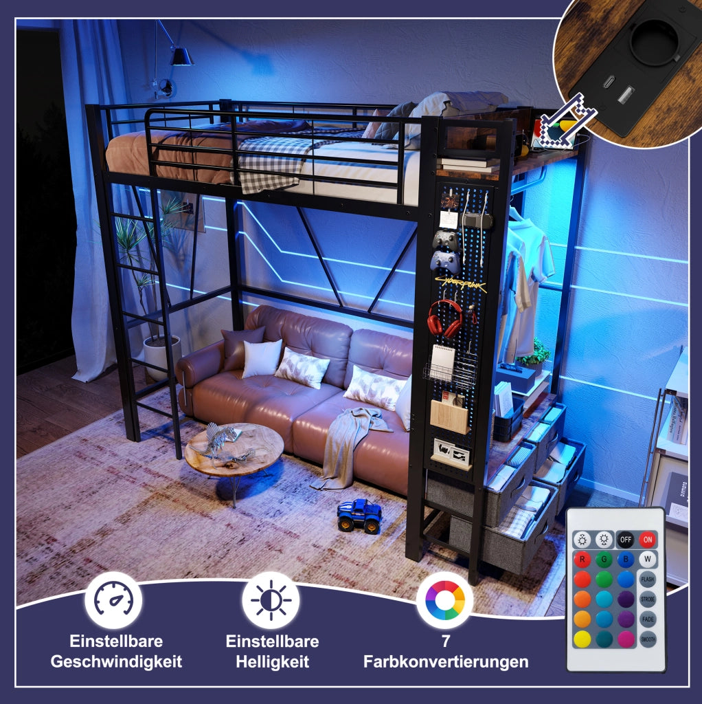 Letto a soppalco 90x200 nero con LED, USB, Type-C e materasso