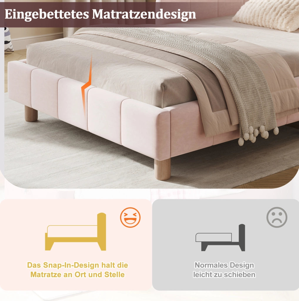 Letto in velluto rosa con testiera inclinata e gambe in legno di gomma
