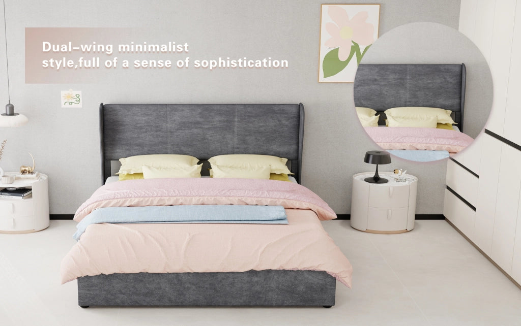 Letto matrimoniale IVMEU 160x200 cm con testiera imbottita in velluto grigio e struttura in metallo per camera da letto