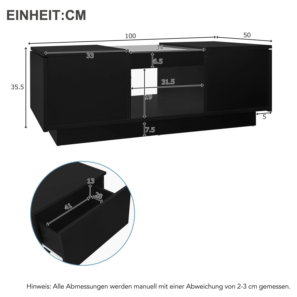 Tavolino da salotto 100 × 50 × 35,5 cm con LED controllabile tramite app 2 cassetti vetro nero in truciolare