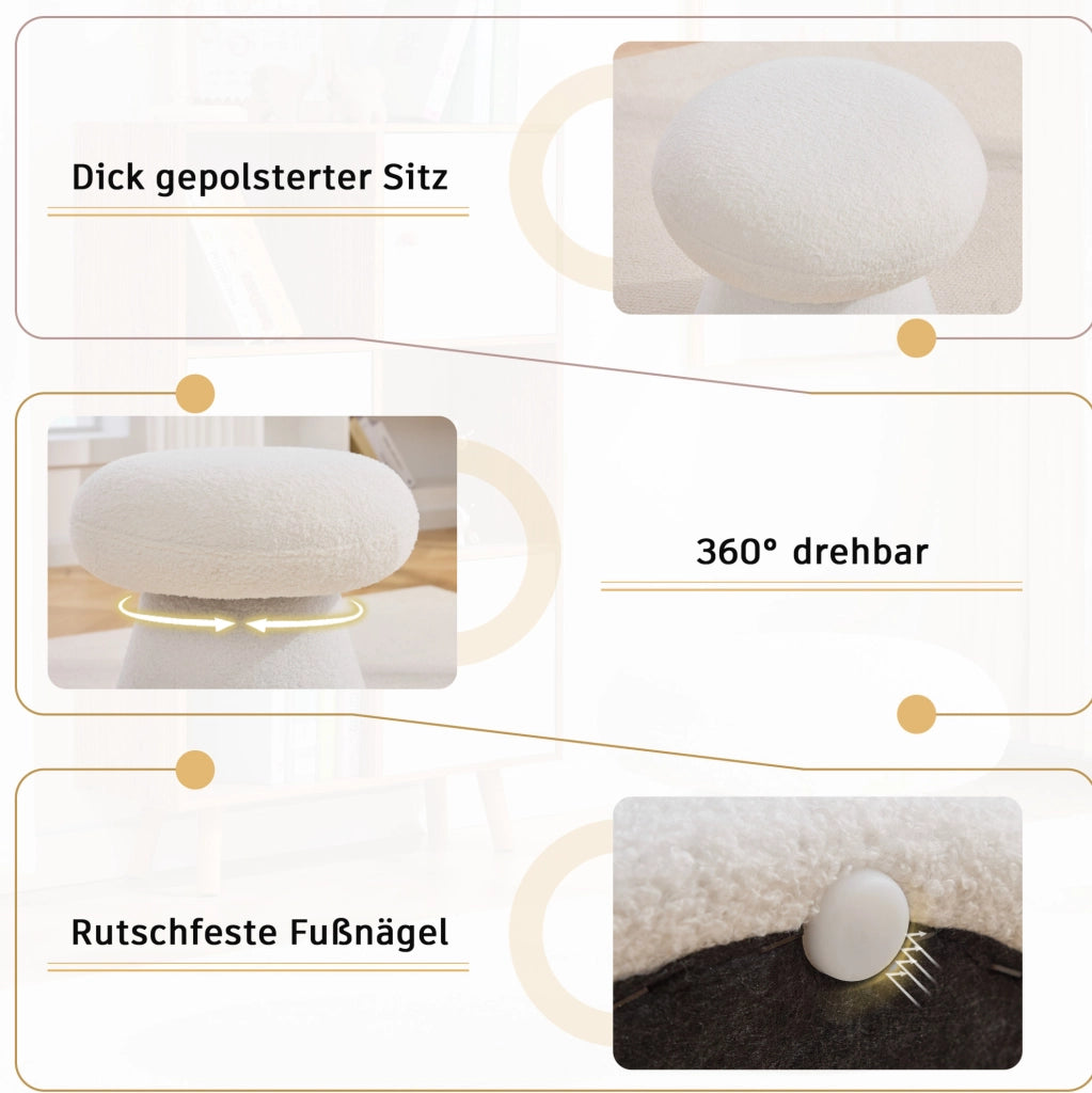 Sgabello girevole a fungo in tessuto effetto peluche bianco