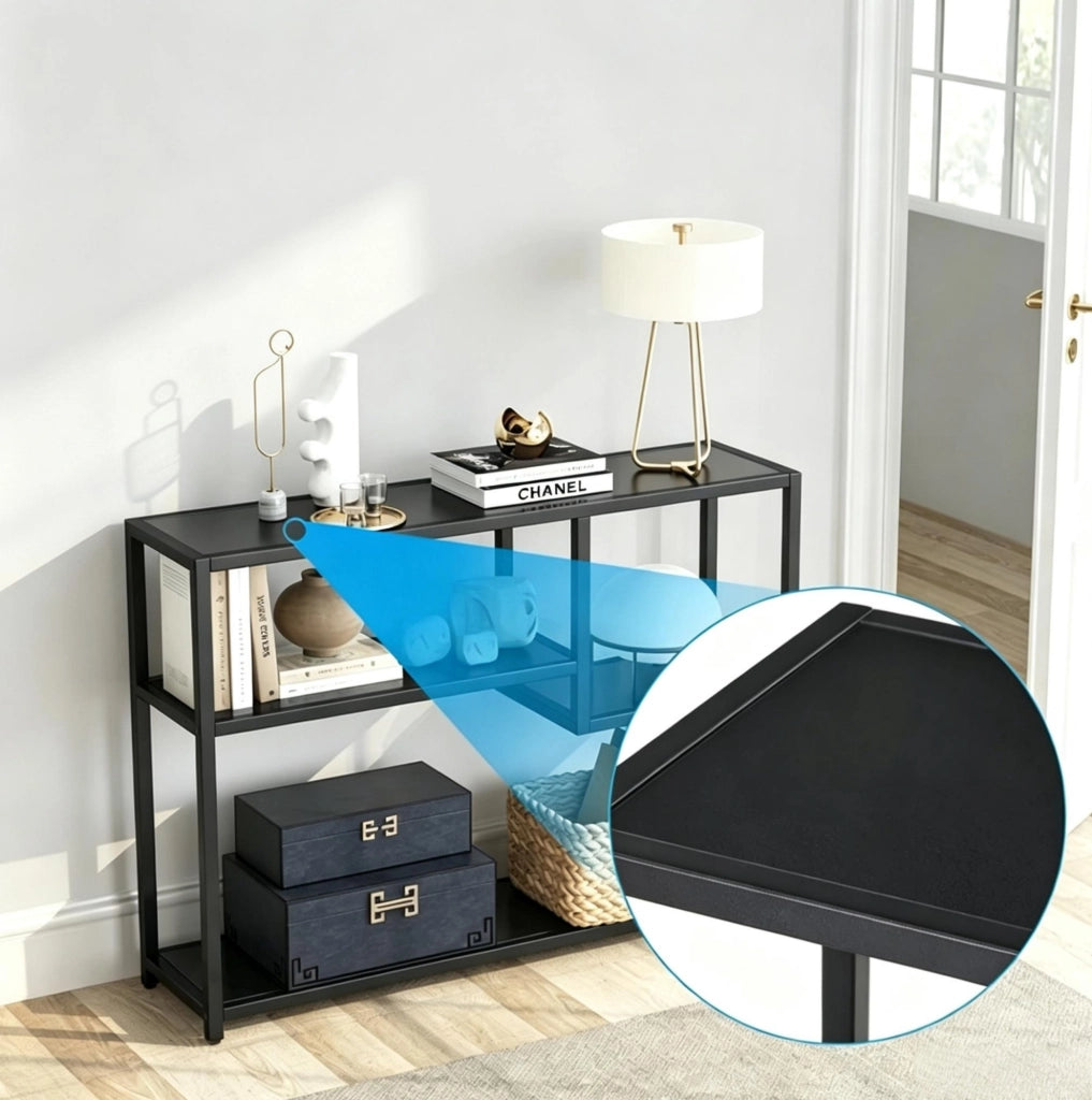 Tavolo consolle nero con 4 ripiani, 110 x 30 x 85 cm