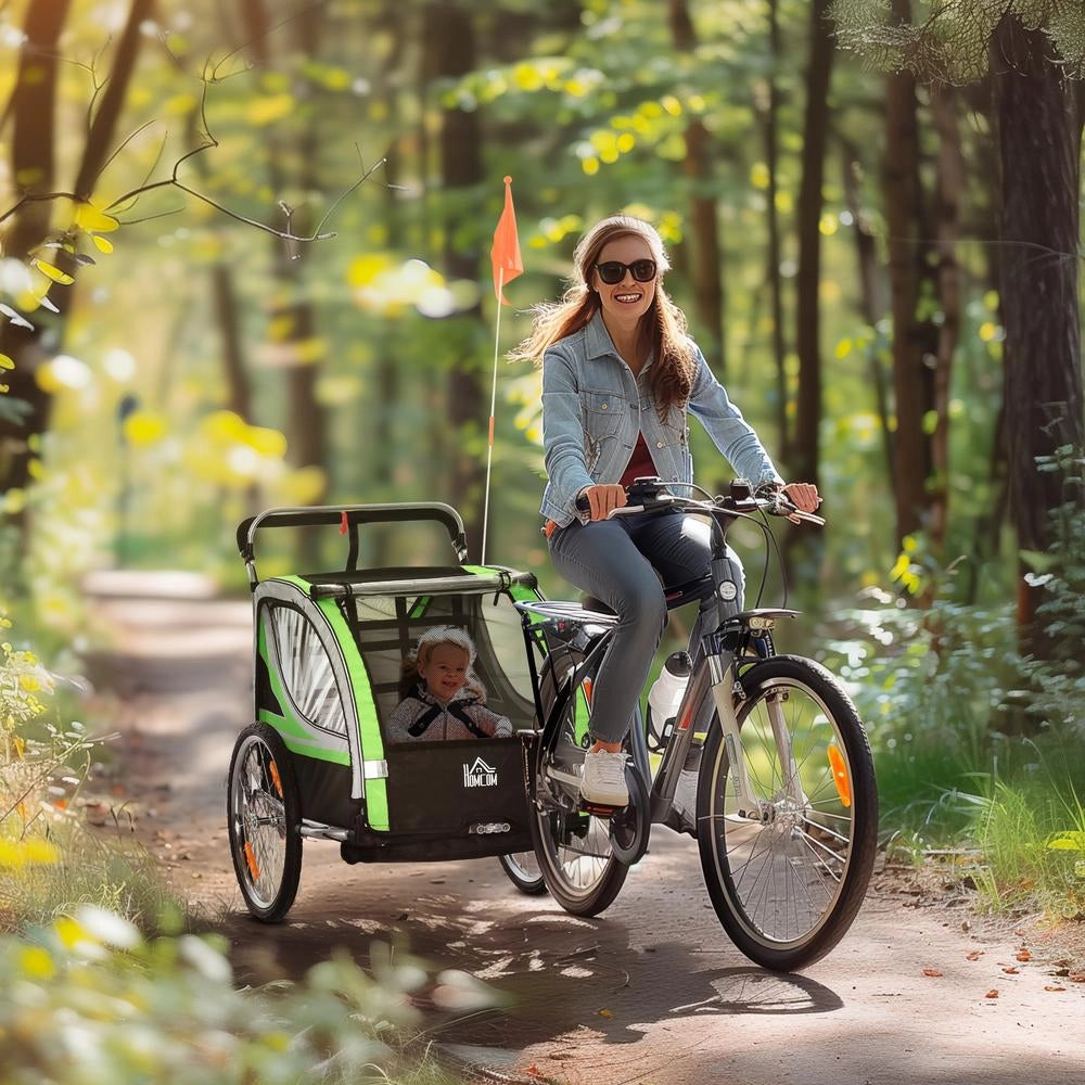 Rimorchio Bici e Passeggino per Bambini 2 in 1 con Cintura e Bandierina Verde Robusto e Facile da Usare