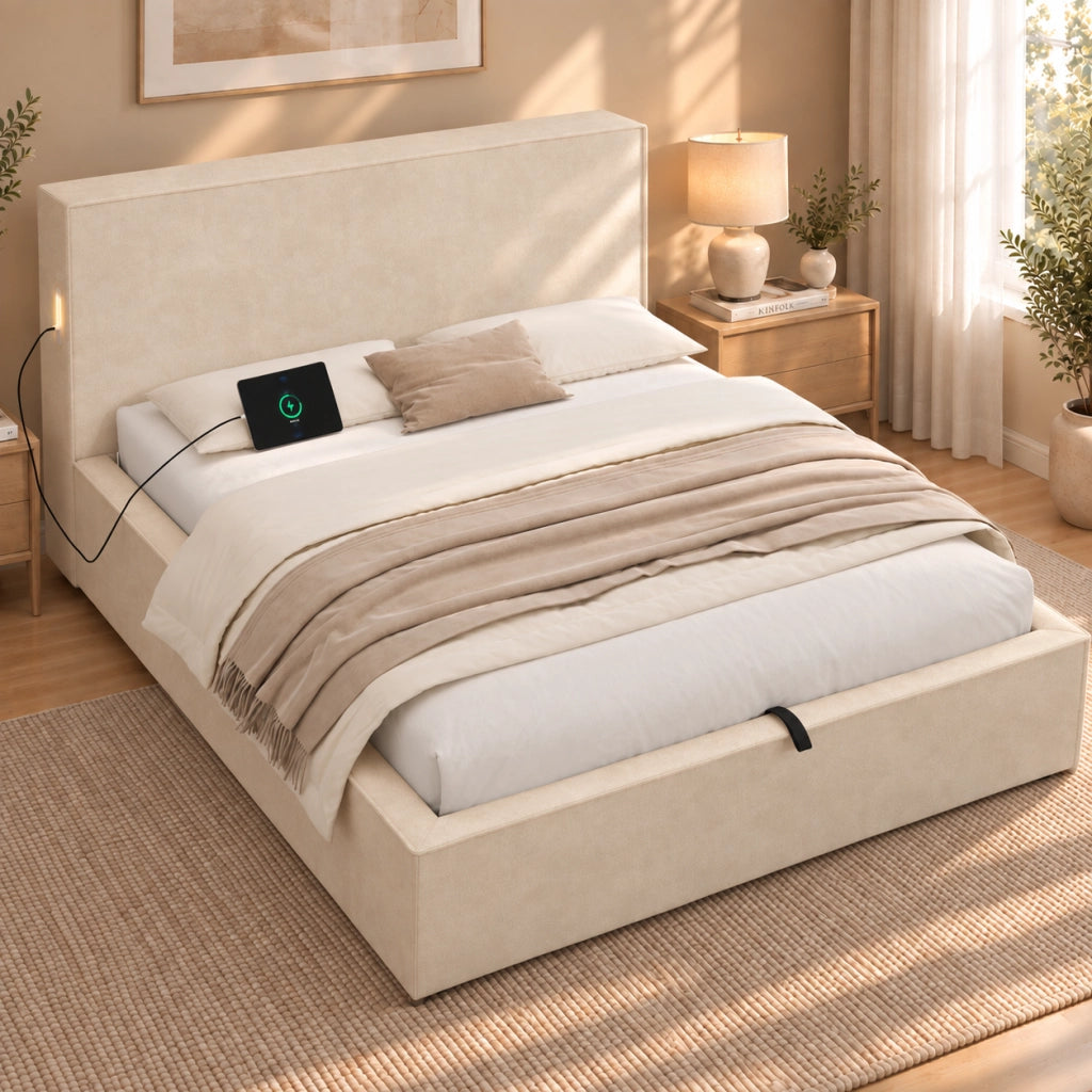 Letto imbottito 120x200 con contenitore idraulico; testiera imbottita; ciniglia beige