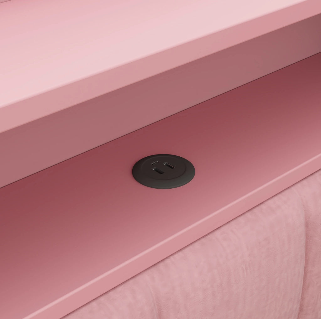 Letto imbottito rosa estensibile con scrivania, luci LED e prese USB
