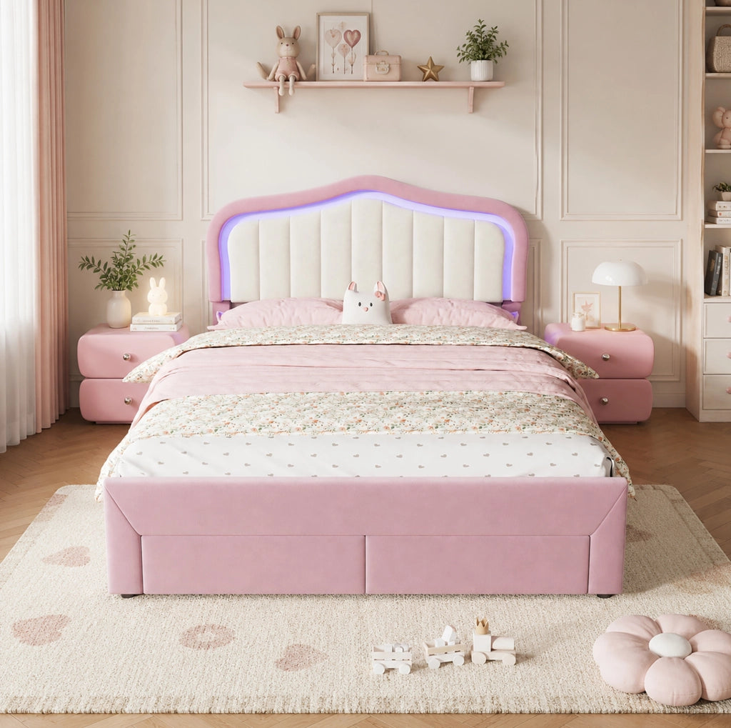 Letto imbottito rosa 140 x 200 cm con 2 cassetti e luce LED gestibile tramite app