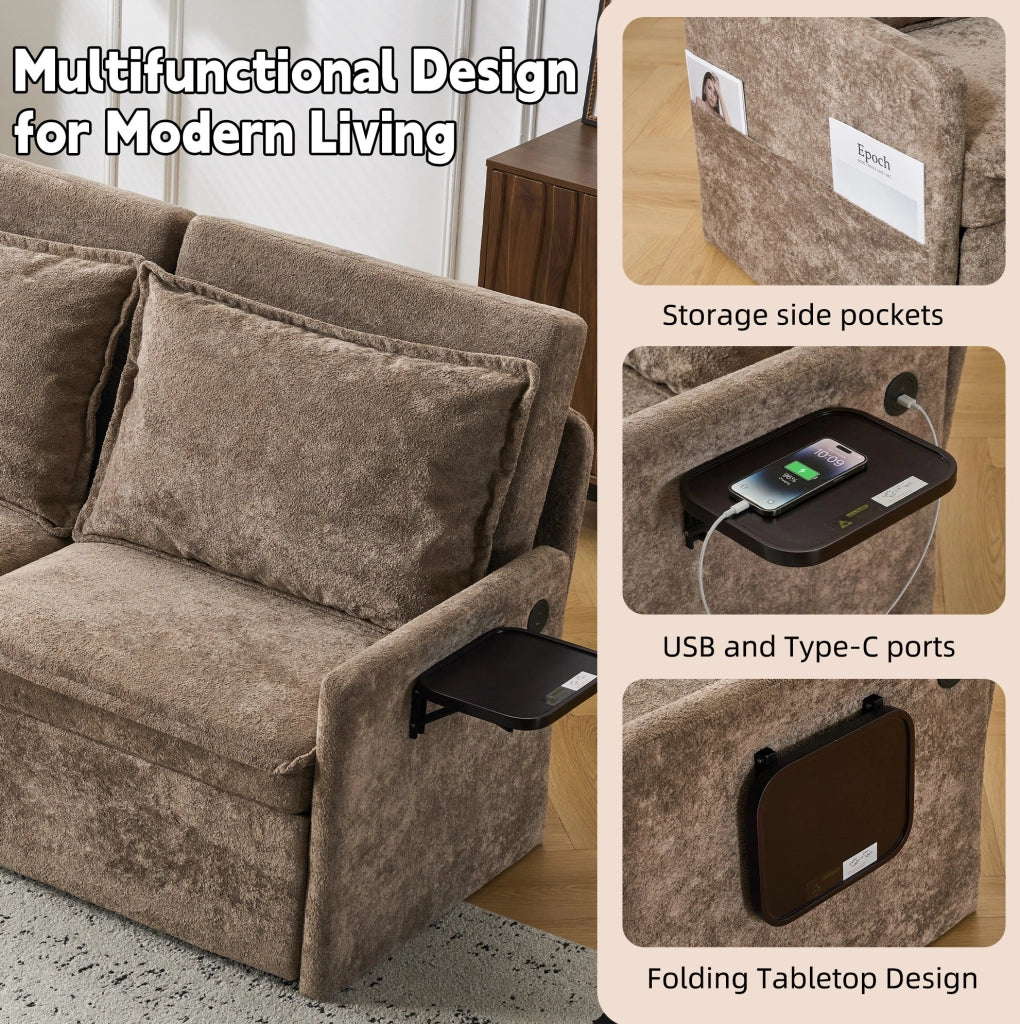 Divano letto ULEVR in ciniglia marrone con schienale regolabile, porte USB e Type-C e 2 tasche laterali