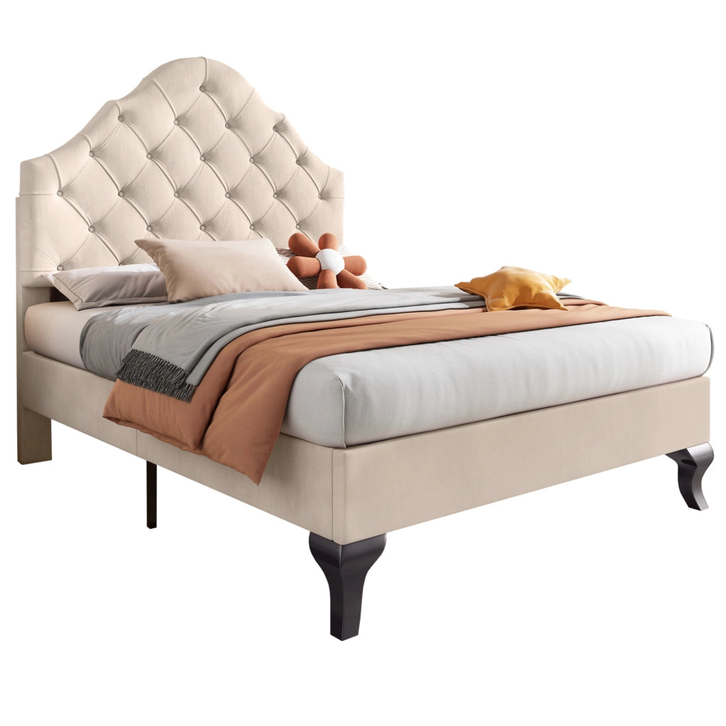 Letto singolo imbottito 90x200 cm con testata regolabile in altezza, rete a doghe in legno, velluto beige