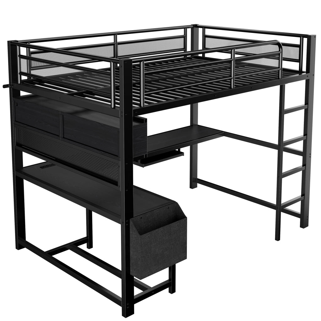 Letto a soppalco 140 × 200 cm con scrivania illuminazione led ricarica mdf e metallo nero