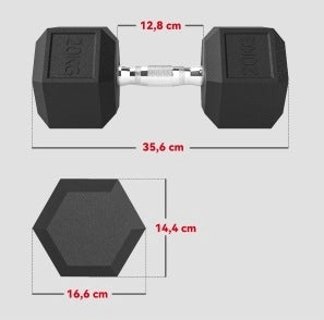 Manubri esagonali 2 x 20 kg in ghisa nera, impugnatura zigrinata