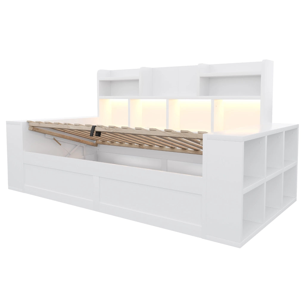 Divano letto singolo 90x200 cm con contenitore idraulico; ripiani; prese e LED; in compensato e MDF bianco