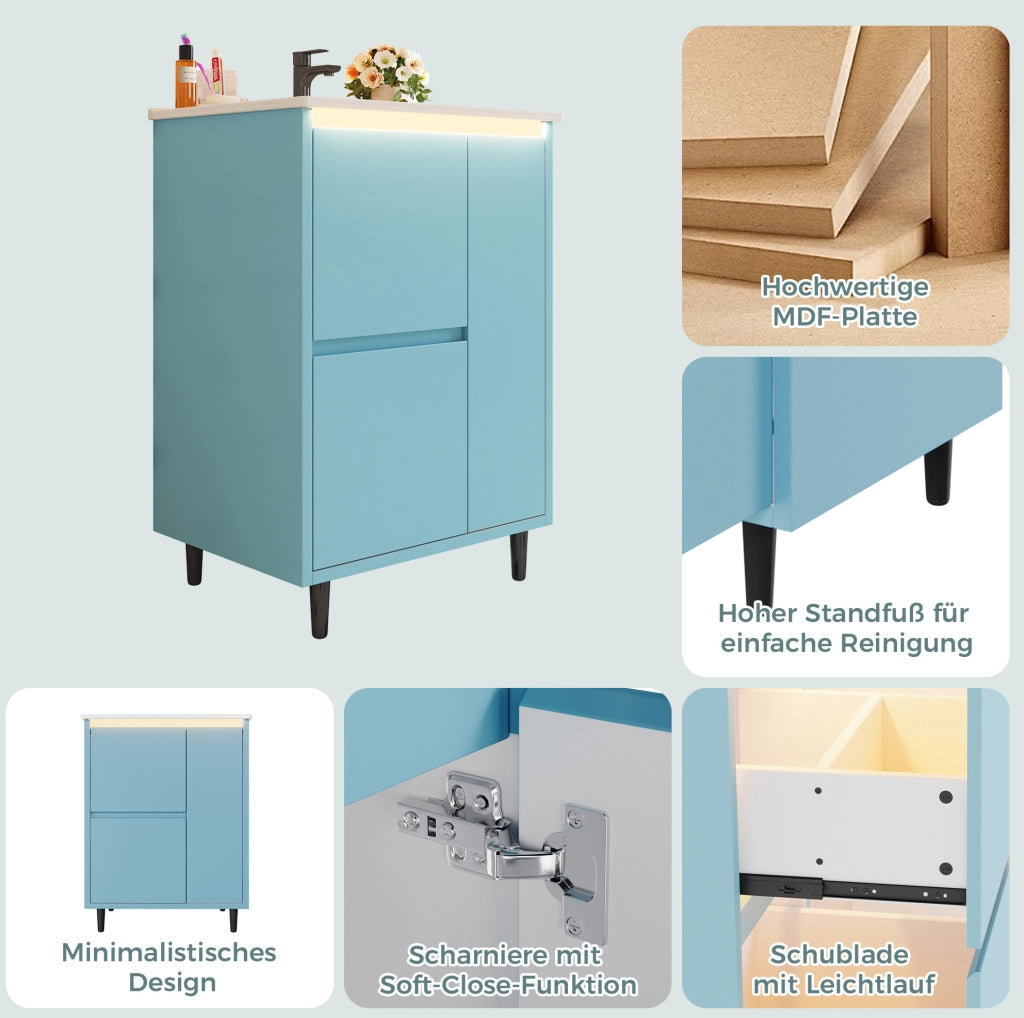 Mobile bagno blu 61x46,5x87 cm con lavabo in ceramica integrato e due cassetti