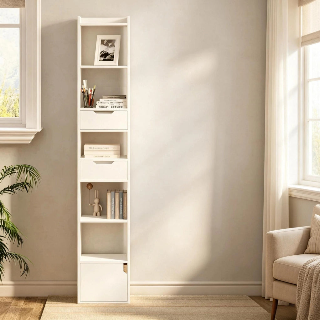 Libreria bianca 33 x 181 x 24 cm con 6 ripiani e 2 cassetti