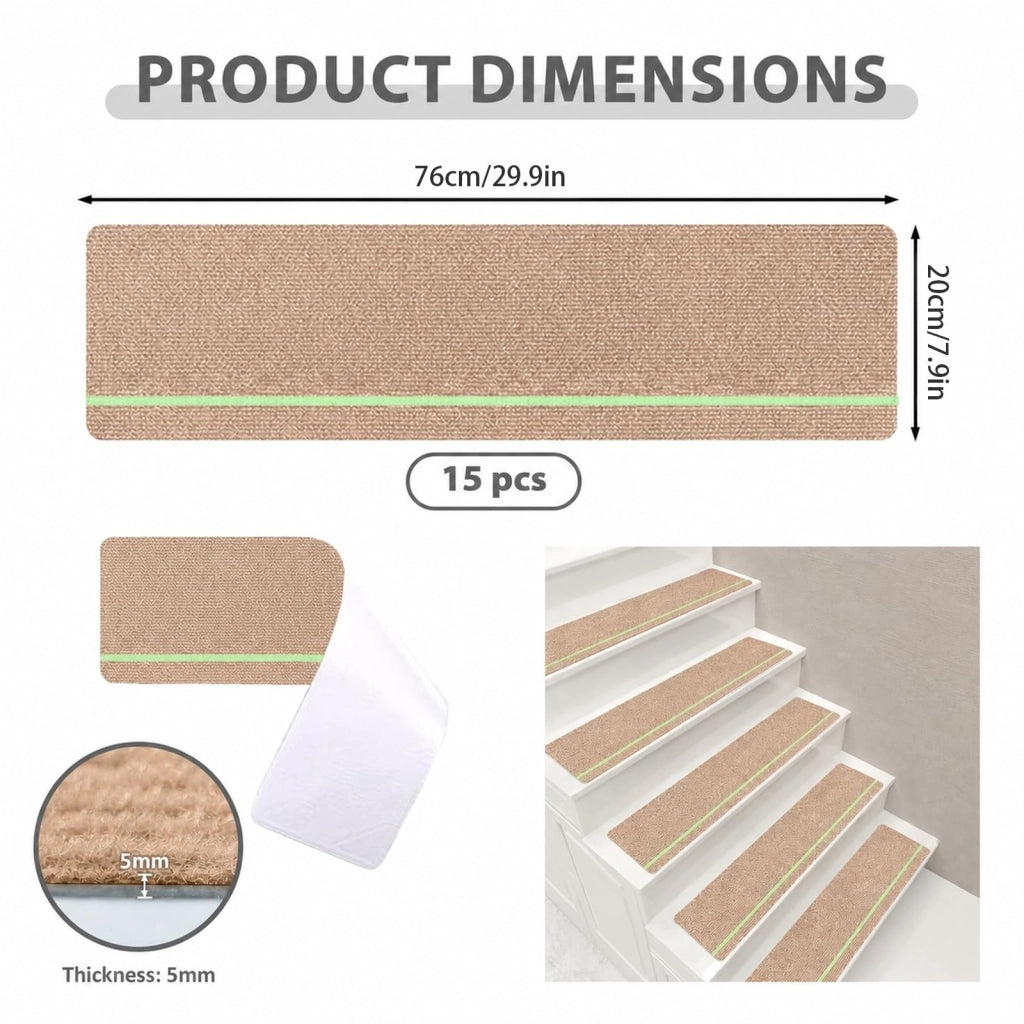 Tappetini antiscivolo per scale, set da 15 pezzi, autoadesivi, 76x20 cm, color beige chiaro