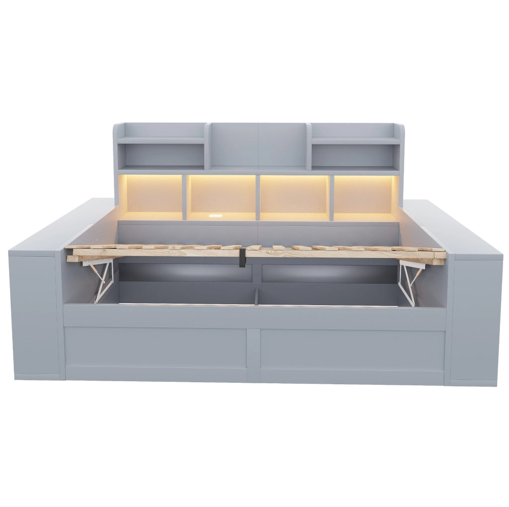 Divano letto singolo 90 x 200 cm grigio con vano contenitore, LED e prese