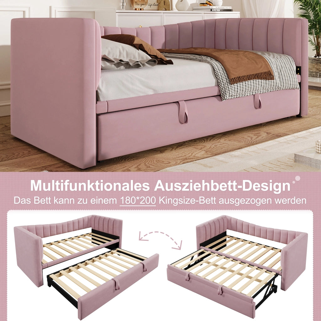 Divano letto 90 × 200 cm con letto estraibile rialzabile in velluto rosa e struttura in MDF